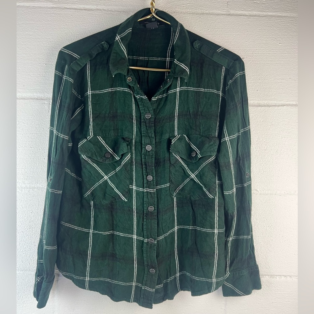 Sanctuary Green Plaid Flannel Snap Front Shirt, Small